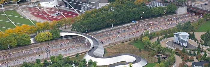 Aerial photo of Millennium Park following the start of the Bank of America Chicago Marathon