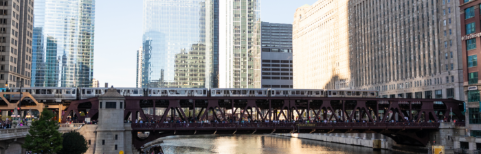 Chicago Transit Authority El train crossing the Chicago River during the 2025 Bank of America Chicago Marathon